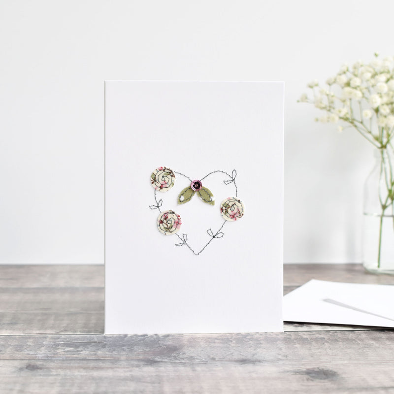 Embroidered heart card with flowers handmade by stitch galore