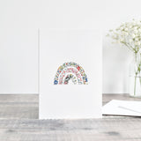 Sewn fabric rainbow card, embroidered card handmade by stitch galore