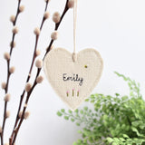 Embroidered personalised hanging heart decoration handmade by Stitch Galore 
