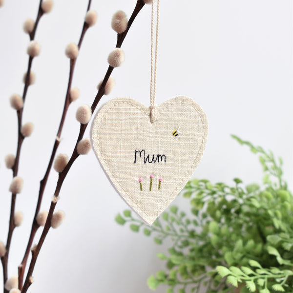 personalised mum hanging heart decoration , embroidered mum heart handmade by stitch galore