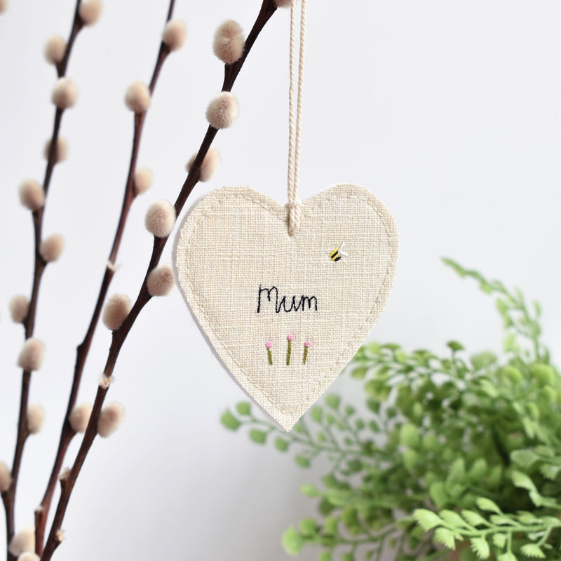 personalised mum hanging heart decoration , embroidered mum heart handmade by stitch galore