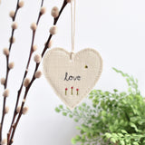 Embroidered love heart decoration, sewn love heart hanging decoration handmade by Stitch Galore 