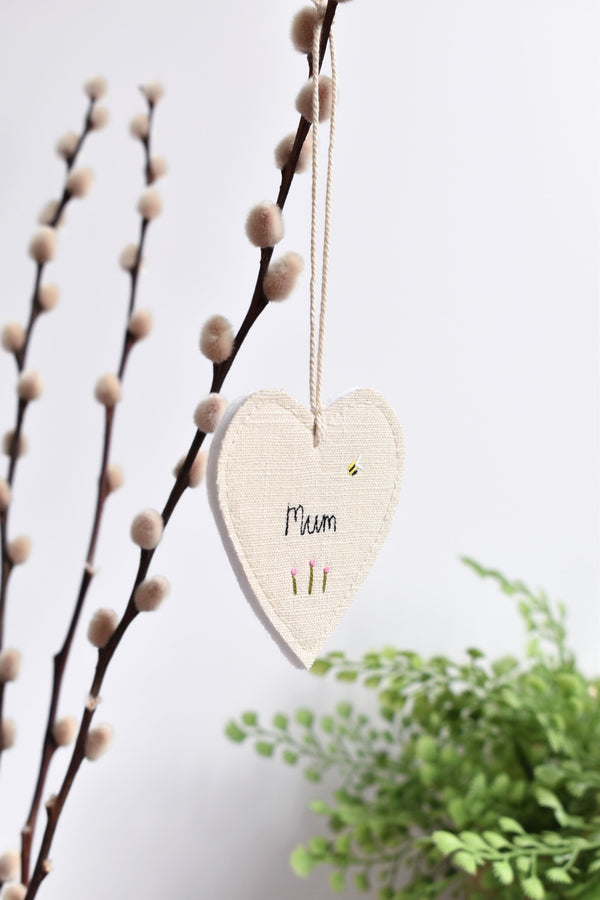 Sewn Mum linen fabric heart decoration handmade by stitch galore