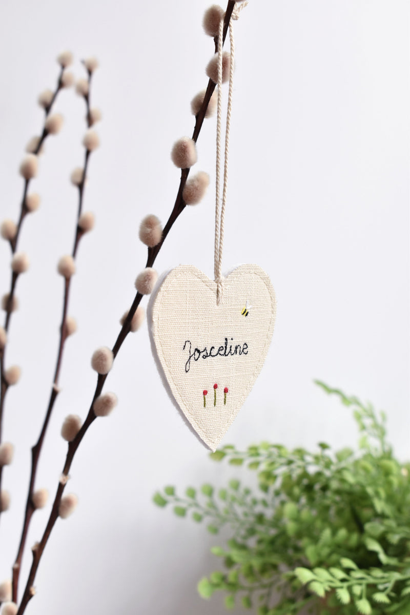 Personalised linen fabric heart, name heart keepsake handmade by Stitch Galore