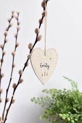 Sewn personalised heart decoration, sewn personalised gift tag handmade by Stitch Galore 