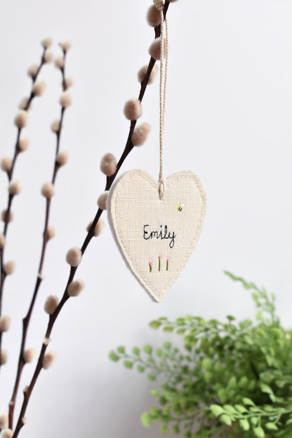Sewn personalised heart decoration, sewn personalised gift tag handmade by Stitch Galore 