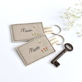 Embroidered personalised Mum keyring, name keychain handmade by Stitch Galore 