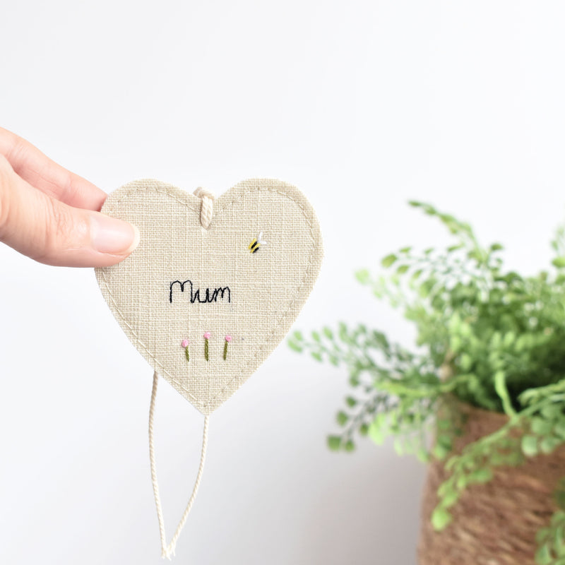 Embroidered mum fabric heart gift tag handmade by stitch galore
