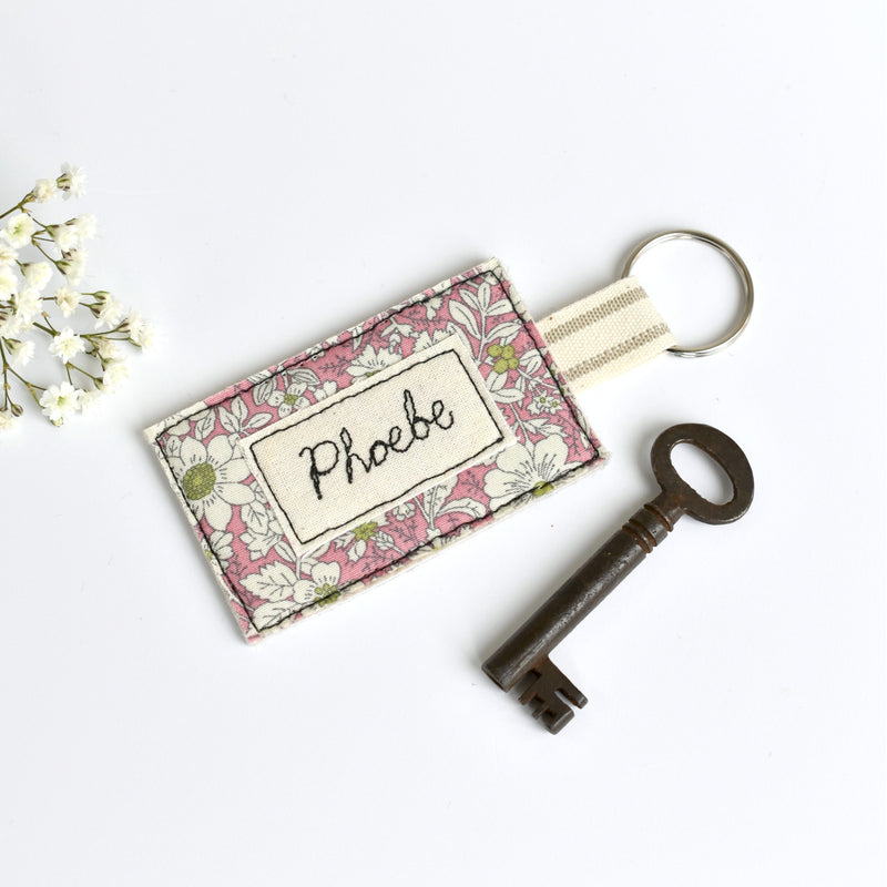 Personalised keyring, embroidered name key ring handmade by Stitch Galore