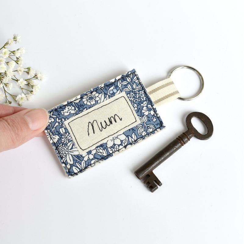 Embroidered personalised Mum keychain, name keyring handmade by Stitch Galore 