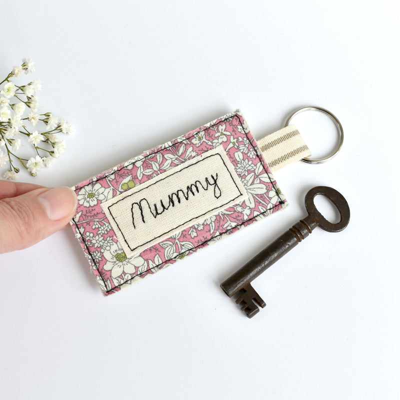 Embroidered personalised Mummy keychain, name keyring handmade by Stitch Galore 
