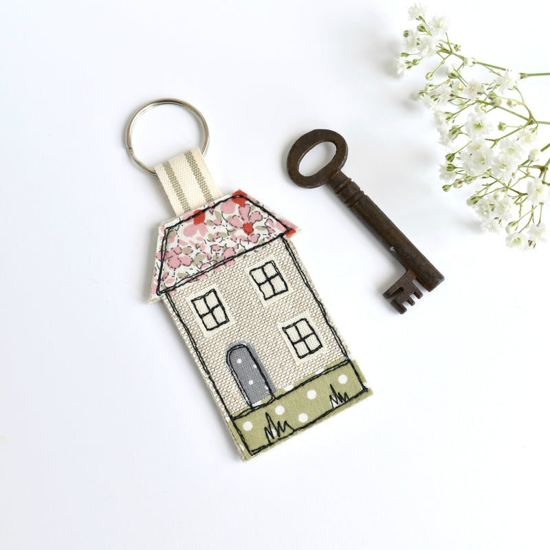 Embroidered house keychain, house key ring with pink fabric handmade by Stitch Galore 