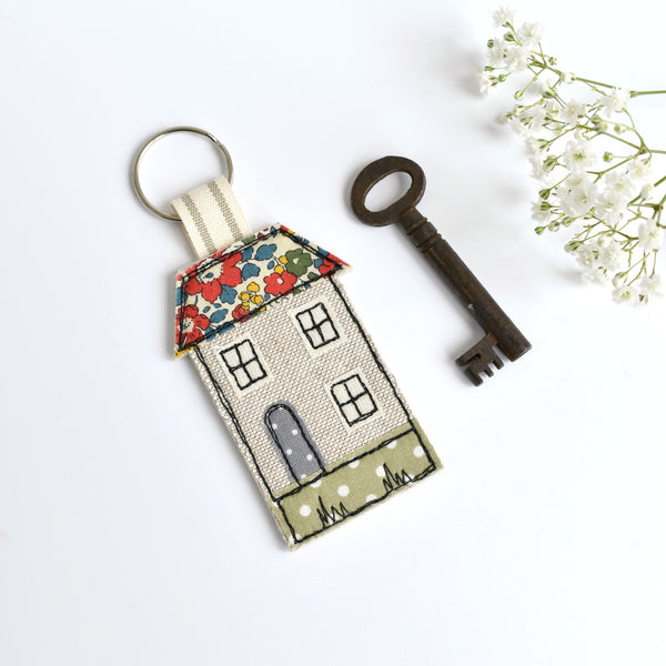 Embroidered house keychain, house key ring with red Liberty fabric handmade by Stitch Galore 