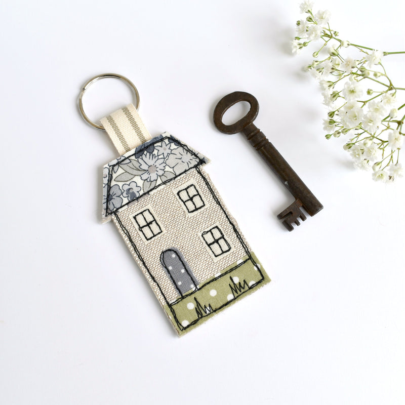 Embroidered house keychain, house key ring with blue fabric handmade by Stitch Galore 