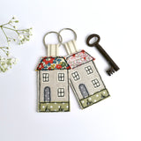New home keyring, embroidered house keyfob with red Liberty fabric handmade by Stitch Galore
