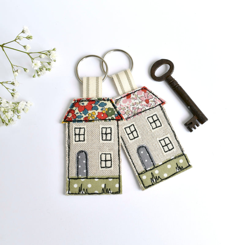 New home keyring, embroidered house keyfob with red Liberty fabric handmade by Stitch Galore