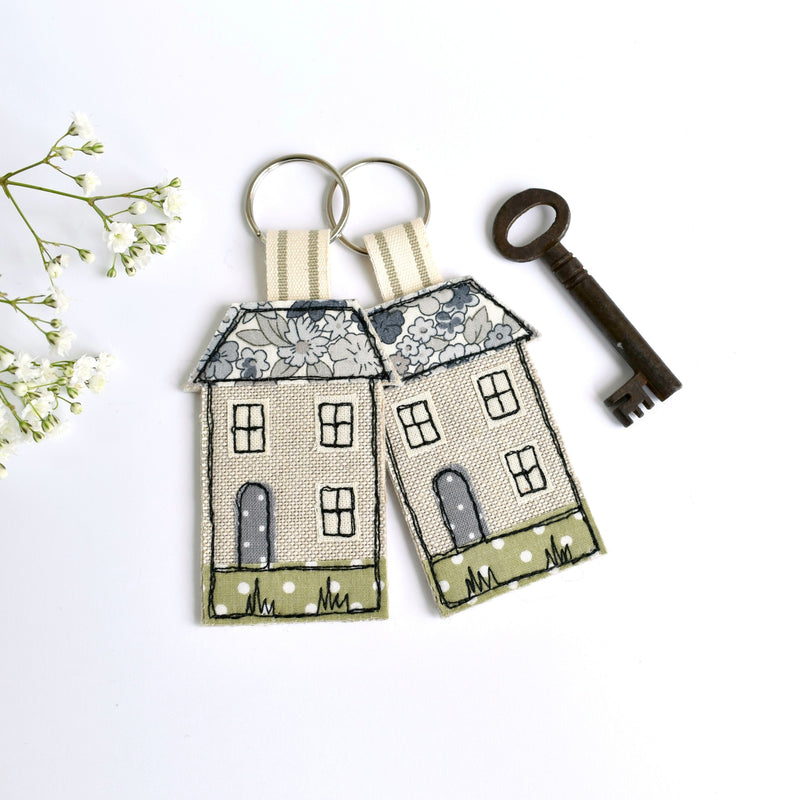 Embroidered house keyring, house keychain with blue fabric handmade by Stitch Galore 