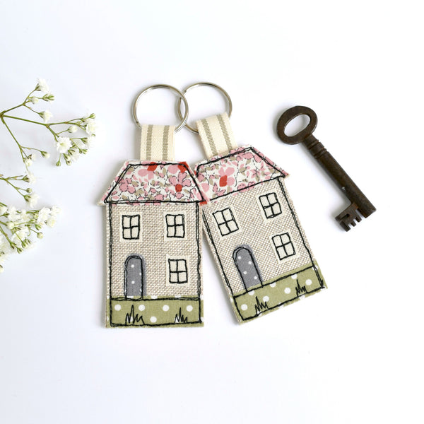 Embroidered house keyring, house keychain with pink fabric handmade by Stitch Galore 