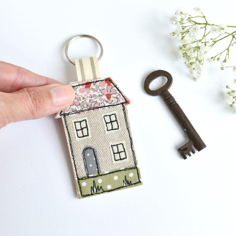 New home keyring, embroidered house keyfob with pink fabric handmade by Stitch Galore