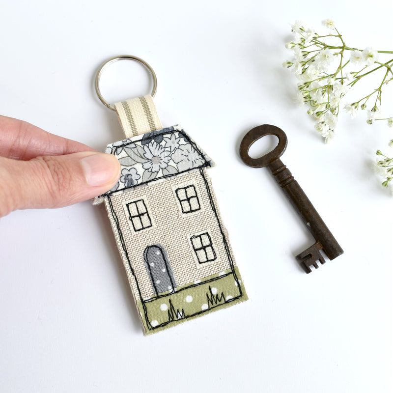 New home keyring, embroidered house keyfob with blue fabric handmade by Stitch Galore