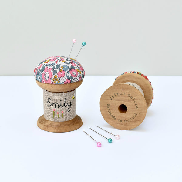 Personalised pin cushion, embroidered pins and needles holder made using Liberty fabric handmade by Stitch Galore