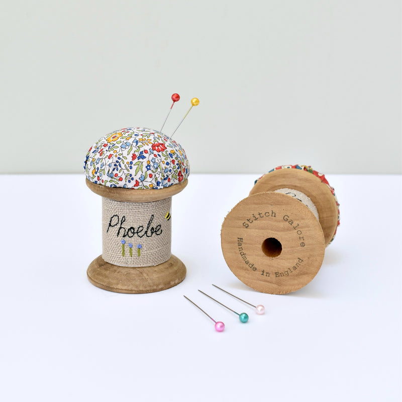 Pin cushion, personalised pins and needles holder made using Liberty of London fabric handmade by Stitch Galore
