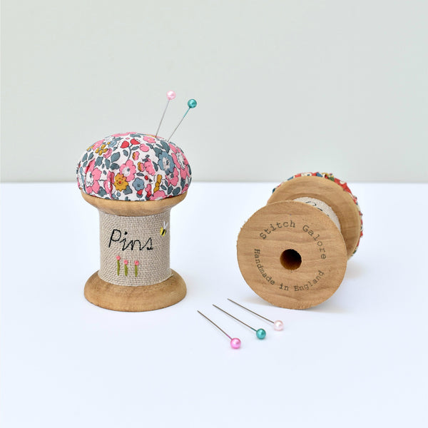 Pin cushion, embroidered pins and needles holder made using Liberty fabric handmade by Stitch Galore
