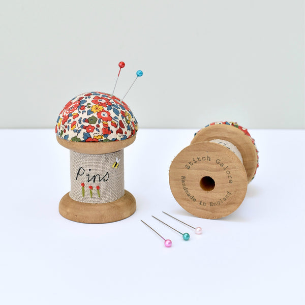 Pin cushion, embroidered pins and needles holder made using Liberty fabric handmade by Stitch Galore