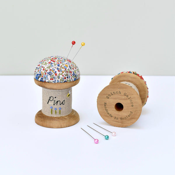 Pin cushion, embroidered pins and needles holder made using Liberty fabric handmade by Stitch Galore