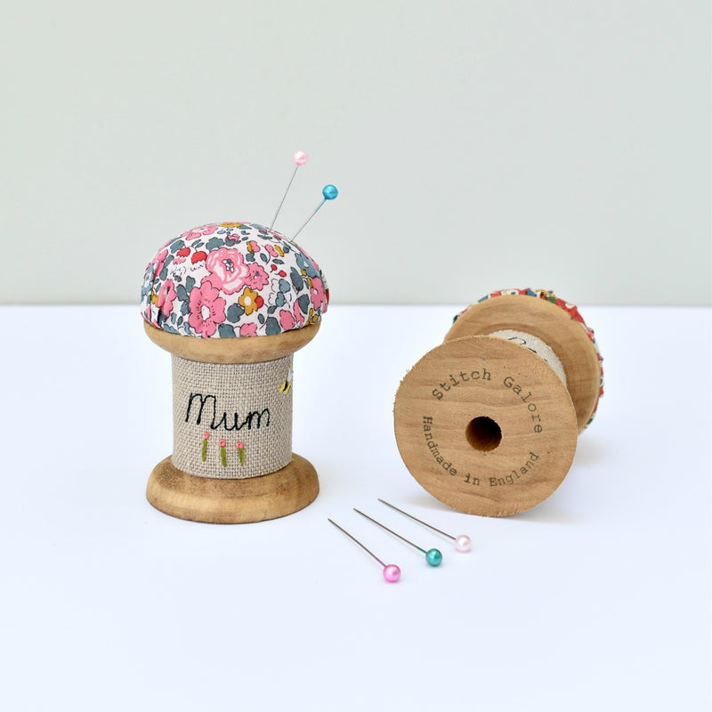 Personalised Mum pin cushion, embroidered pins and needles holder made using Liberty fabric handmade by Stitch Galore