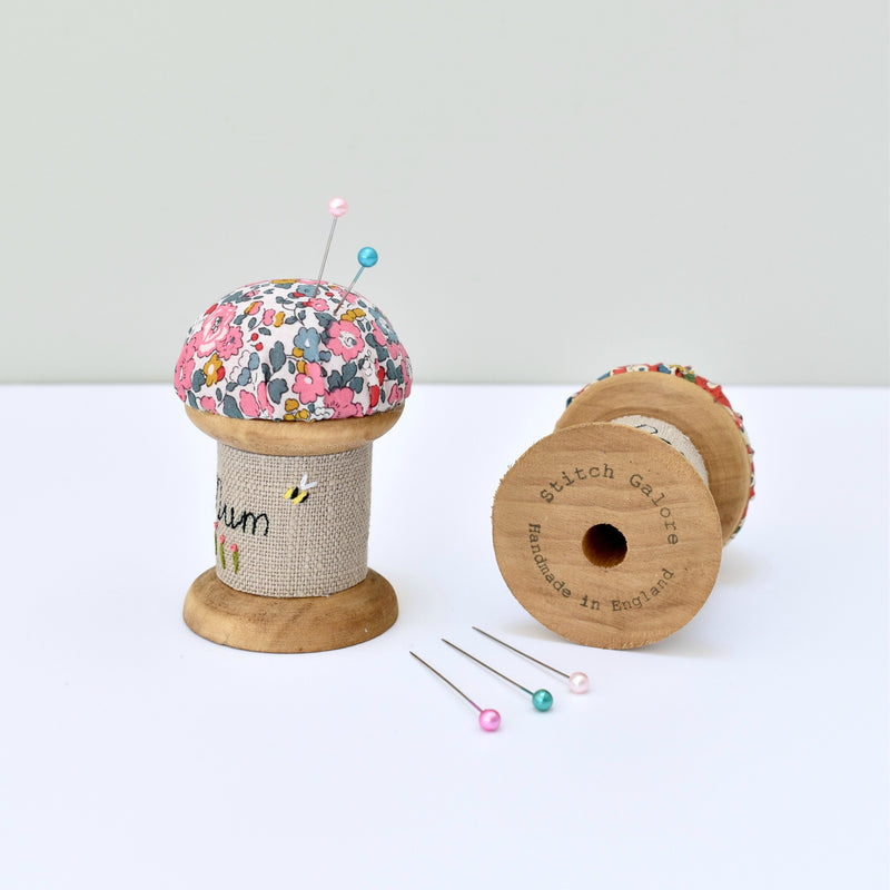 Personalised pincushion, needle holder, sewing gift for mum made with a wooden bobbin and Liberty fabric handmade by Stitch Galore