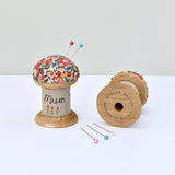 Pincushion for Mum, personalised sewing gift made with a wooden cotton reel and Liberty fabric handmade by Stitch Galore