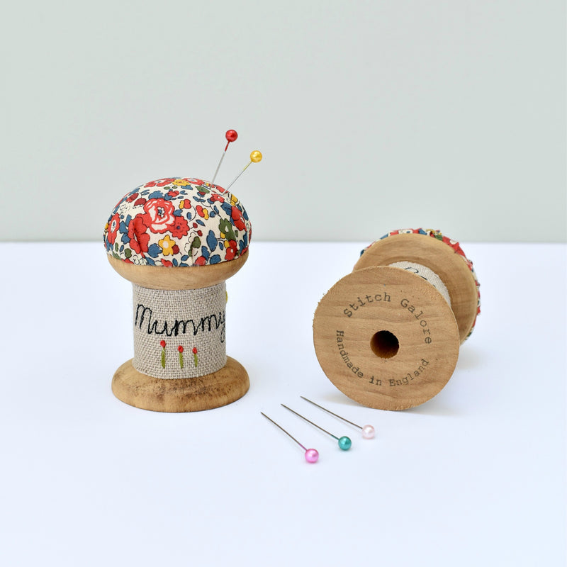 Personalised Mummy pin cushion, embroidered pins and needles holder made using Liberty fabric handmade by Stitch Galore