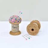 Pin cushion, personalised pins and needles holder made using Liberty of London fabric handmade by Stitch Galore