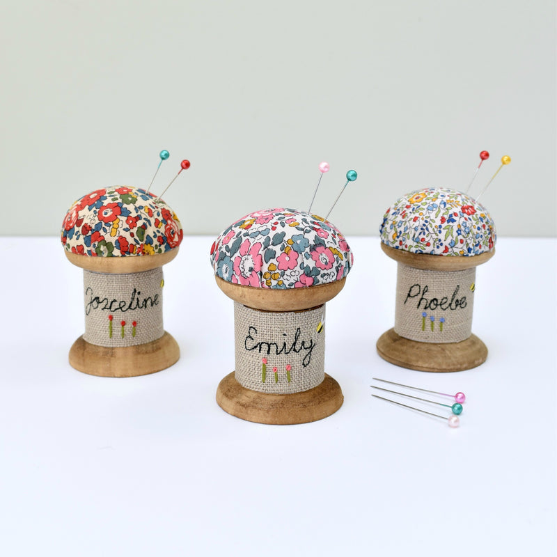 Personalised pin cushion, embroidered pins and needles holder made using Liberty fabric handmade by Stitch Galore