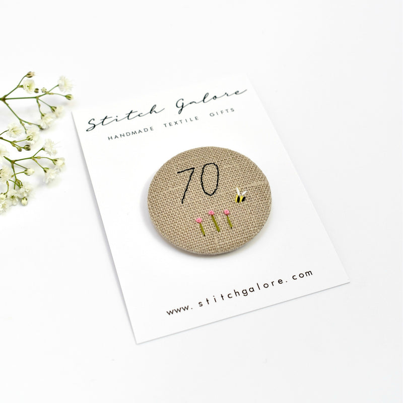 70th Birthday badge, embroidered birthday badge, personalised birthday badges handmade by Stitch Galore 
