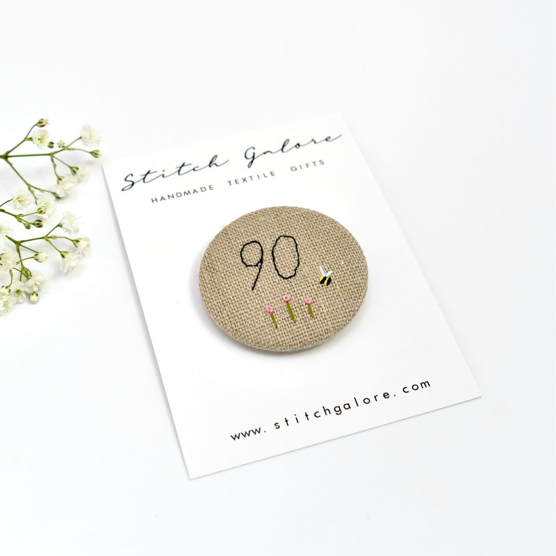 90th Birthday badge, embroidered birthday badge, personalised birthday badges handmade by Stitch Galore 