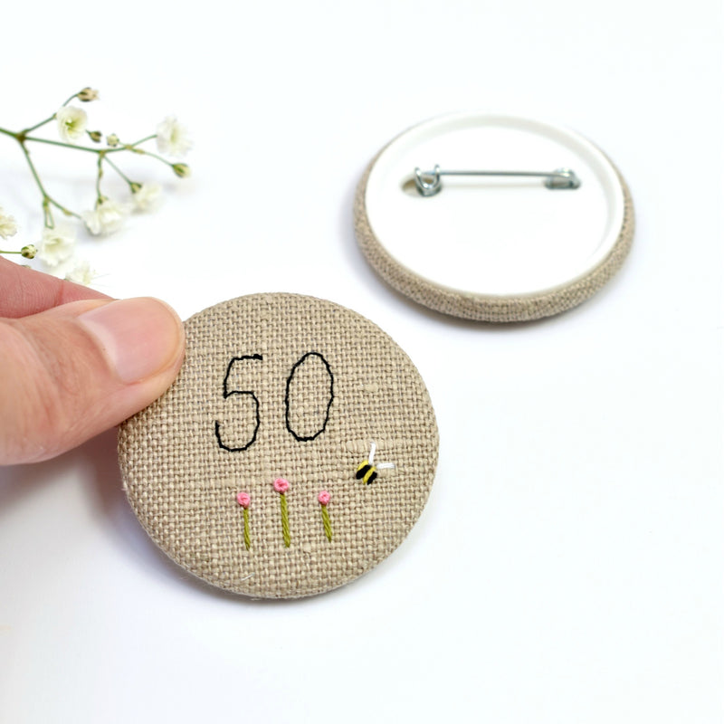 Personalised birthday badge, 50th Birthday badge, embroidered badge handmade by Stitch Galore 