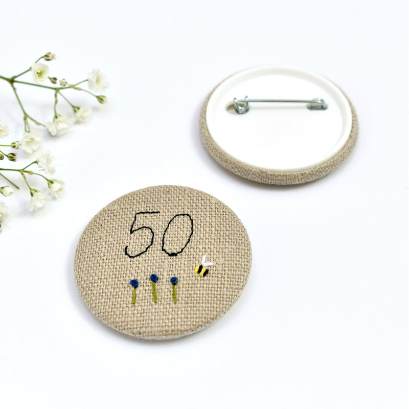 Embroidered 50th Birthday badge, embroidered badge, personalised birthday badges handmade by Stitch Galore 