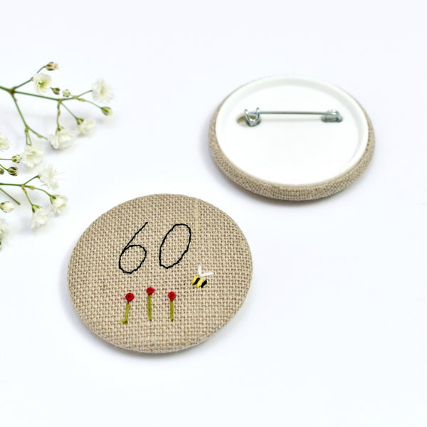 60th Birthday badge, embroidered, badge, personalised birthday badges handmade by Stitch Galore 