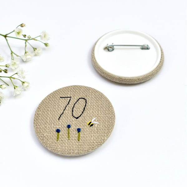 70th Birthday badge, embroidered, badge, personalised birthday badges handmade by Stitch Galore 