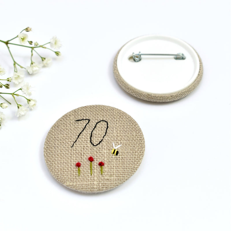 Embroidered 70th Birthday badge, embroidered badge, personalised birthday badges handmade by Stitch Galore 
