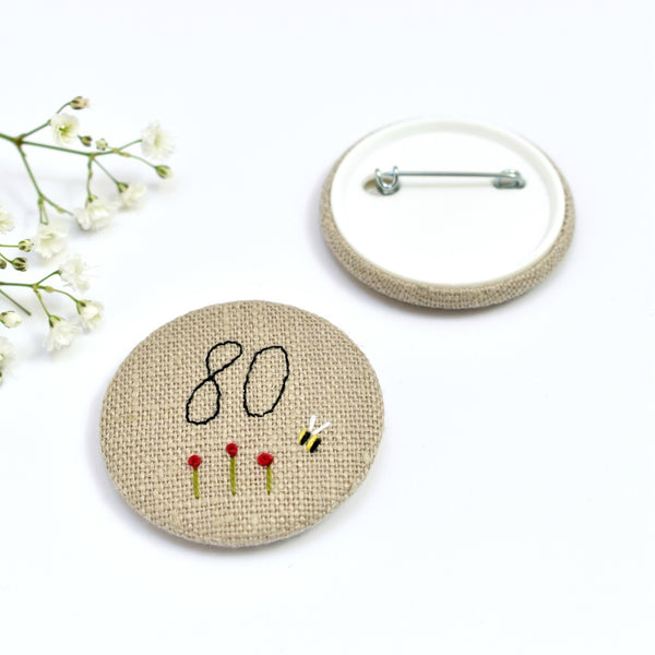 80th Birthday badge, embroidered, badge, personalised birthday badges handmade by Stitch Galore