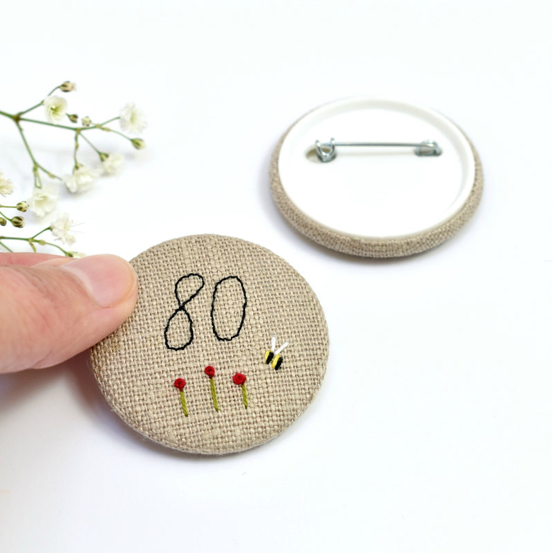 Personalised birthday badge, 80th Birthday badge, embroidered badge handmade by Stitch Galore 