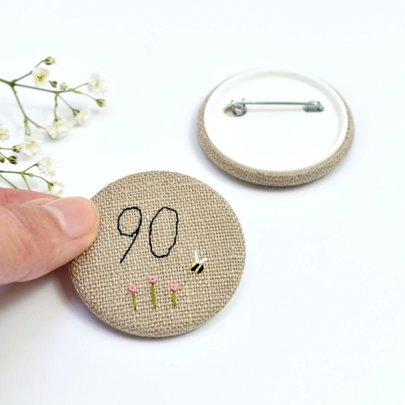 Personalised birthday badge, 90th Birthday badge, embroidered badge handmade by Stitch Galore 