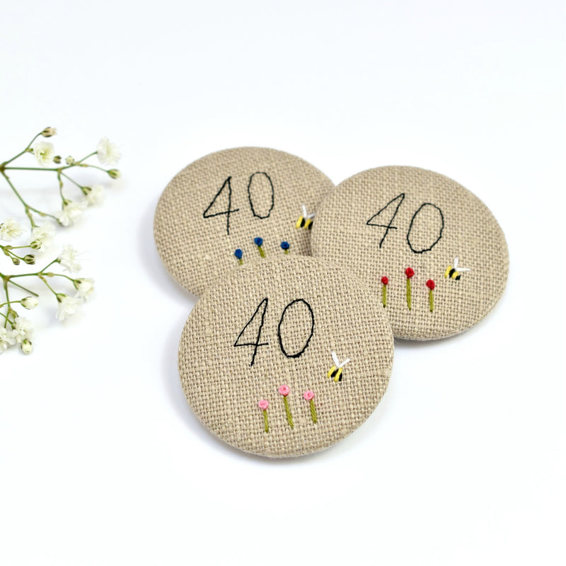 40th Birthday badge, embroidered, badge, personalised birthday badges handmade by Stitch Galore 