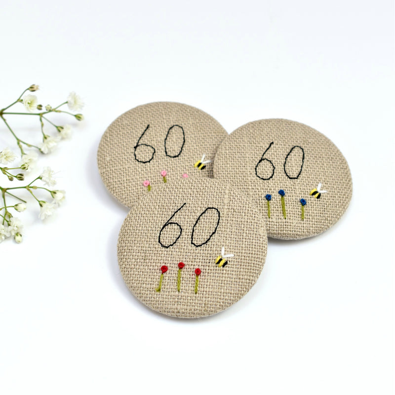 60th Birthday badge, embroidered, badge, personalised birthday badges handmade by Stitch Galore 