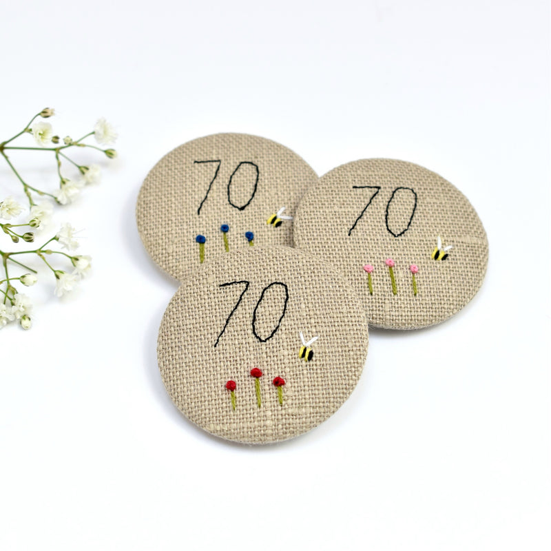 70th Birthday badge, embroidered, badge, personalised birthday badges handmade by Stitch Galore 