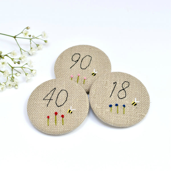 Birthday badge, embroidered birthday badge, personalised birthday badges handmade by Stitch Galore 